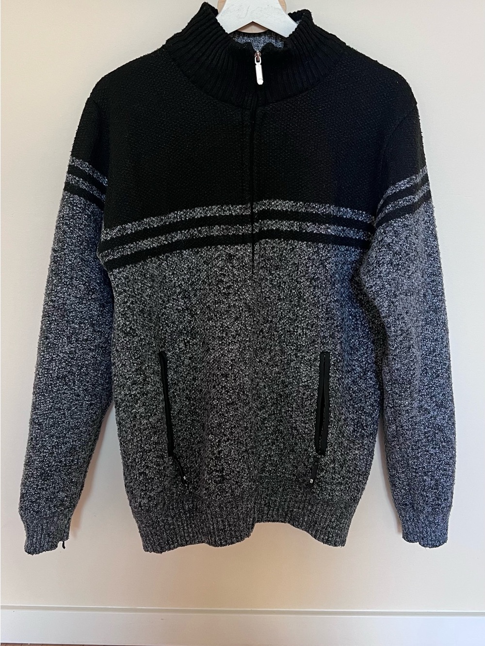 Men's Black and Gray Half-Zip Knit Sweater